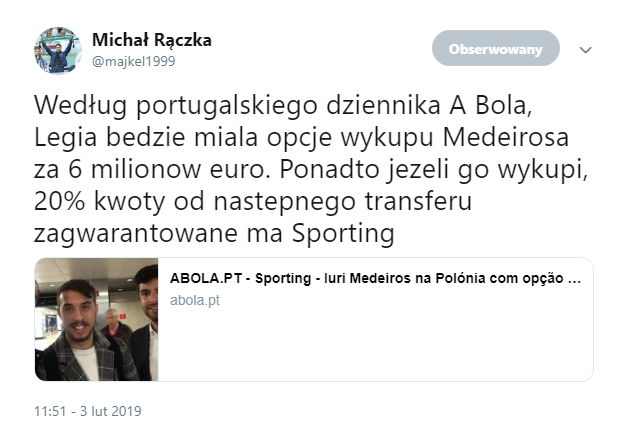 Za tyle Legia będzie mogła WYKUPIĆ Medeirosa ze Sportingu! FORTUNA